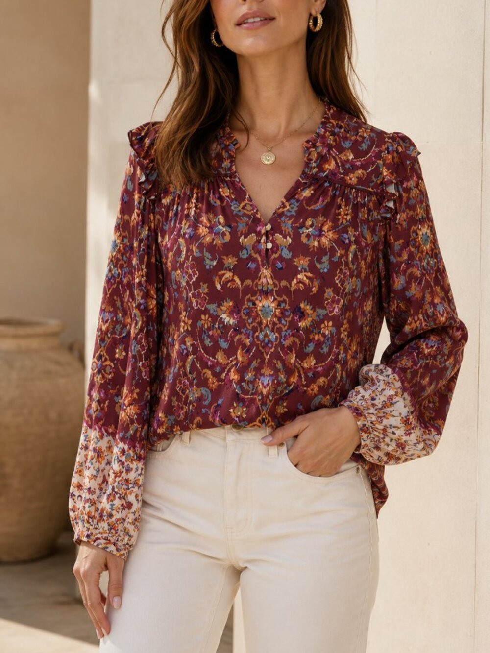 Democracy Blouson Sleeve Ruffle Shoulder V-Neck Print Knit Top Size Large NWT
